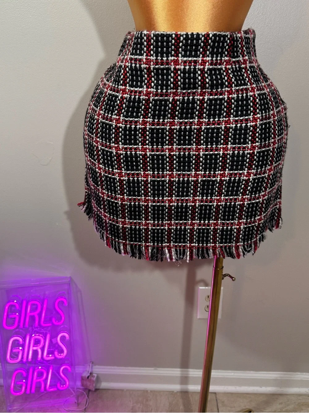 GB girls Black, Red & White Plaid Tweed Fringe Mini Skirt